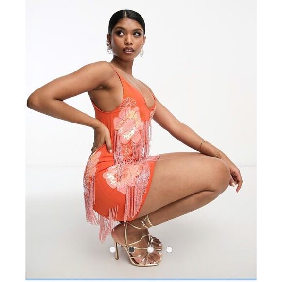 ASOS Design Floral Applique Slip Mini Dress Orange Embellishment Sparkle Size 8 - Picture 2 of 10